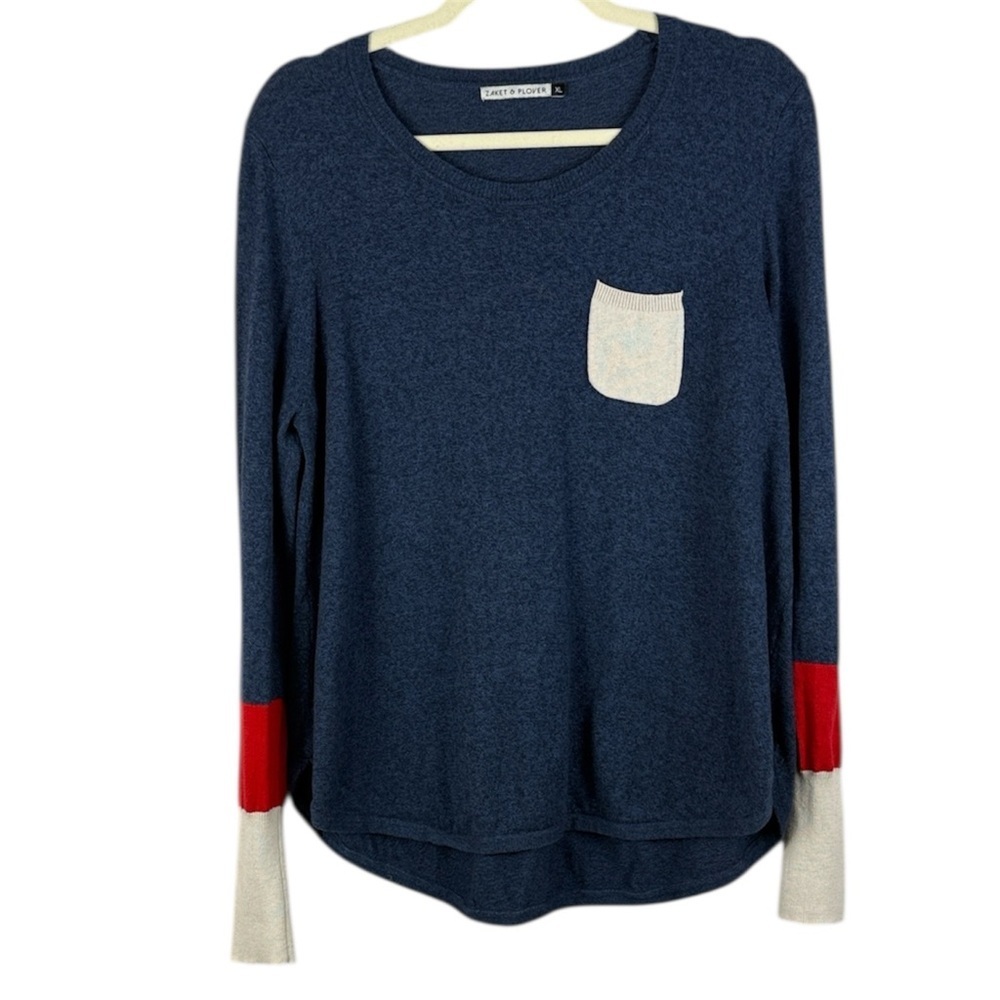 Zaket & Plover Blue Cotton Cashmere Blend Long Sleeve XL Top Red Cream Accents